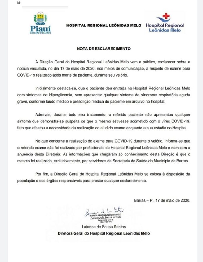 Barras PI: Nota do Hospital Leônidas Melo diz que não realizou e nem aprovou exame para Covid-19 em velório