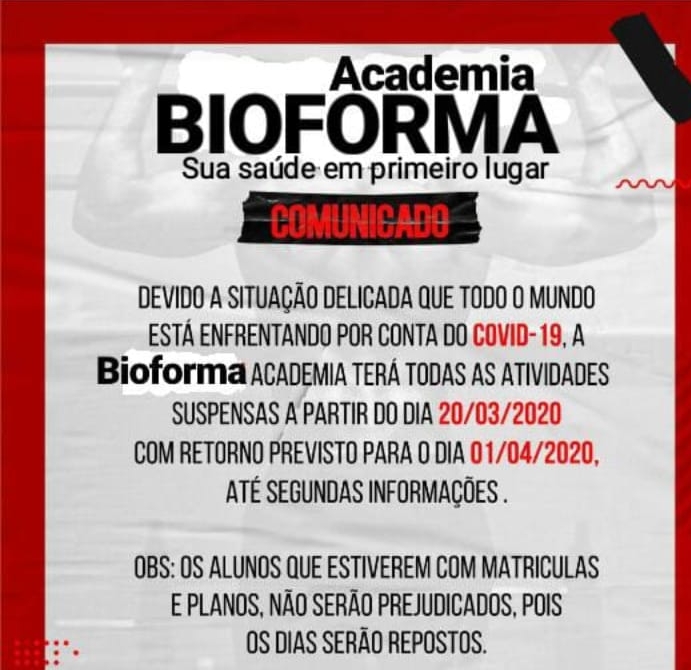 Bio Forma: Academia avisa que vai atender a Portaria Ministerial no combate ao Coronavírus 