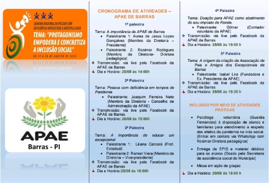 Semana da APAE em Barras PI com LIVES e demais TEMAS