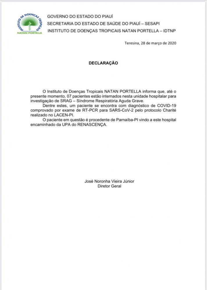Parnaíba PI: Instituto Natan Portella confirma caso de Covid-19