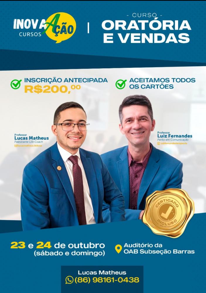 Oratória curso 'MAIS QUE ORATÓRIA' será presencial no auditório da OAB na cidade de Barras PI