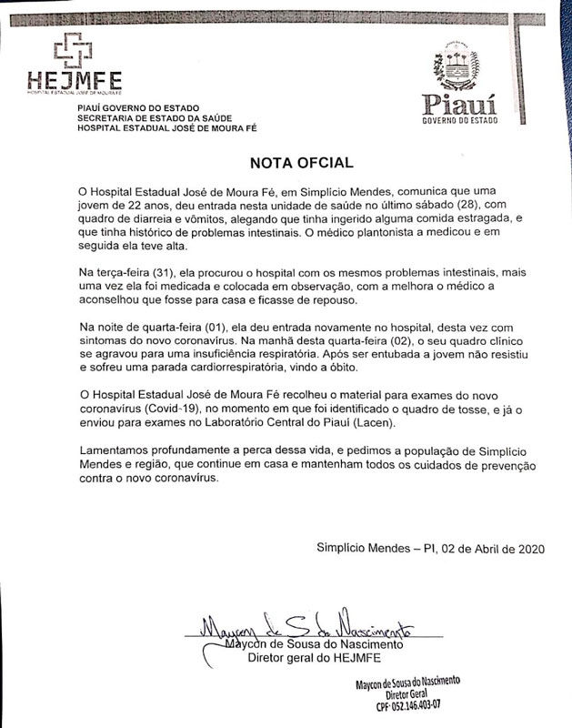 Simplício Mendes PI: SESAPI investiga morte de paciente para Covid-19 