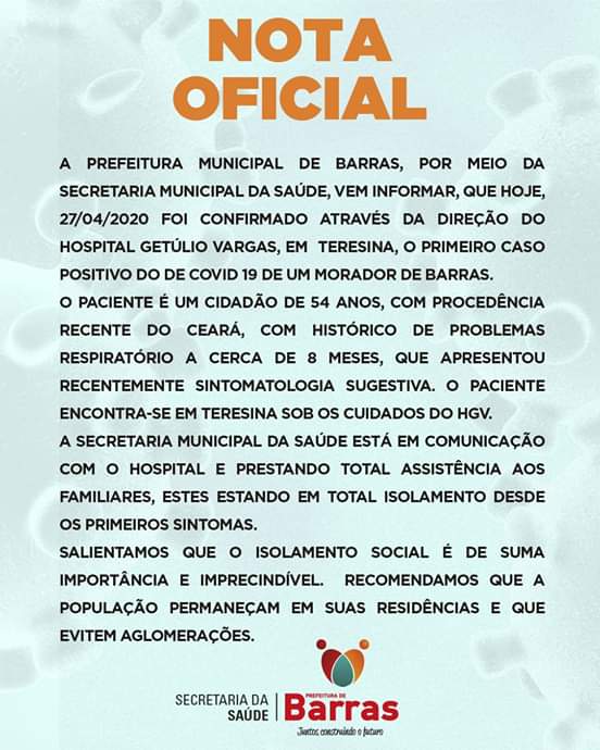 Barras PI: Primeiro caso confirmado para Covid-19 de um homem natural do município 